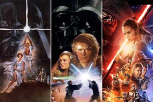 Posters from A New Hope, Revenge of the Sith, and The Force Awakens