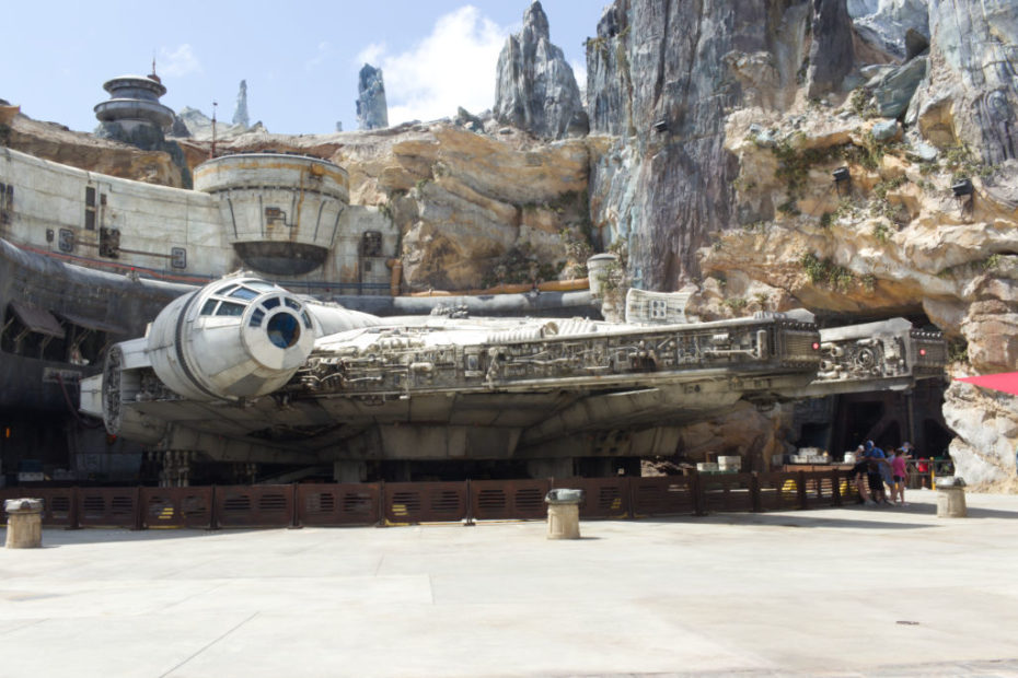 The Millennium Falcon at the Batuu spaceport in Star Wars: Galaxy’s Edge