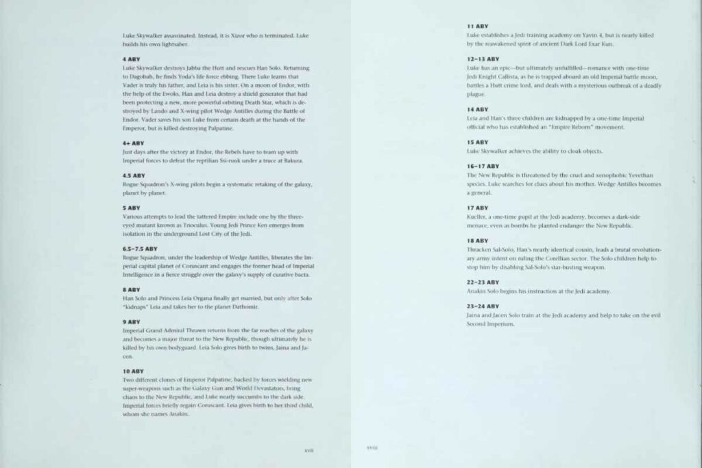 More excerpts from the 1998 reference book Star Wars Encyclopedia by Stephen J. Sansweet that use BBY and ABY to date events within the Star Wars Universe (Disney / Lucasfilm)