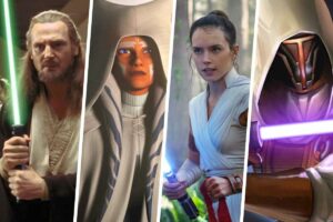 Jedi Master Qui-Gon Jinn from The Phantom Menace, former Padawan Ahsoka Tano from Star Wars: Rebels, Rey from The Rise of Skywalker, and Revan from Knights of the Old Republic, all potential examples of Gray Jedi in Star Wars (Disney / Lucasfilm)