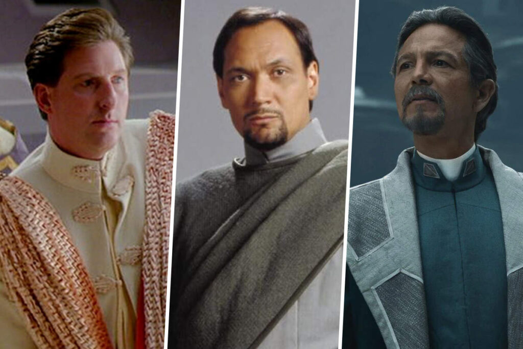 Star Wars Recasts Explained: Adrian Dunbar as Bail Organa from a deleted scene in 1999's The Phantom Menace, Jimmy Smits in a promo photo for 2005's Revenge of the Sith, and Benjamin Bratt in 2025's Andor, Season Two (Disney / Lucasfilm)