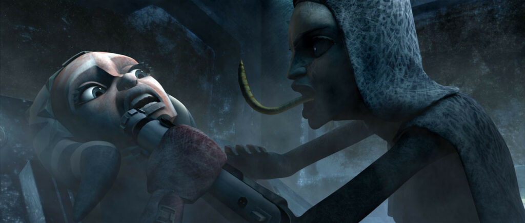 Possessed by a brain worm, Barriss Offee attacks Ahsoka Tano in The Clone Wars episode "Brain Invaders" (Disney / Lucasfilm)