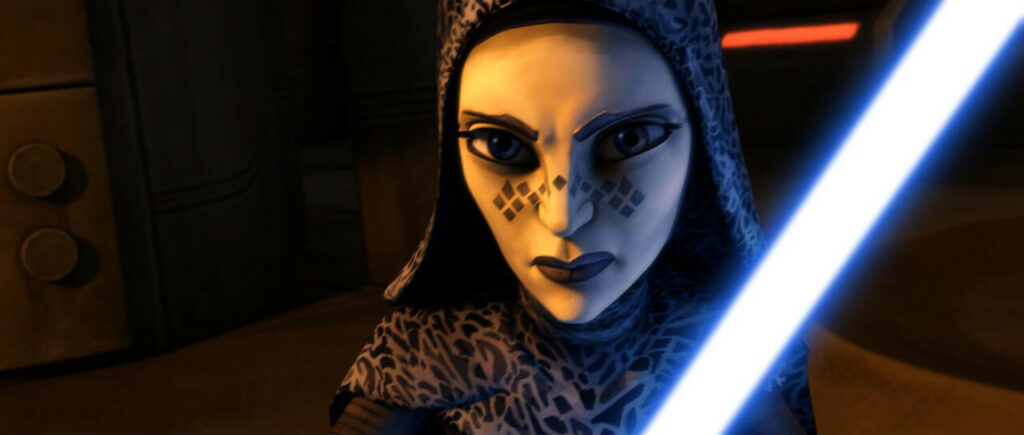 Barriss Offee defends herself against the Geonosian battle droids in The Clone Wars episode "Weapons Factory" (Disney / Lucasfilm)