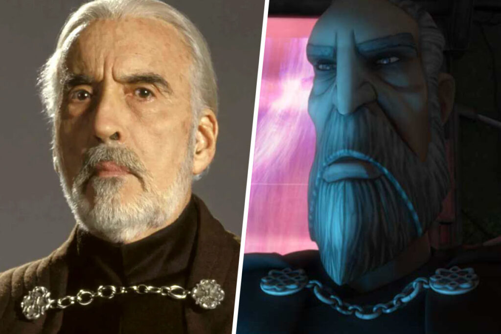 Star Wars Recasts Explained: Sir Christopher Lee as Dooku in a promo photo for 2002's Attack of the Clones and Corey Burton voicing the character in 2008's The Clone Wars (Disney / Lucasfilm)