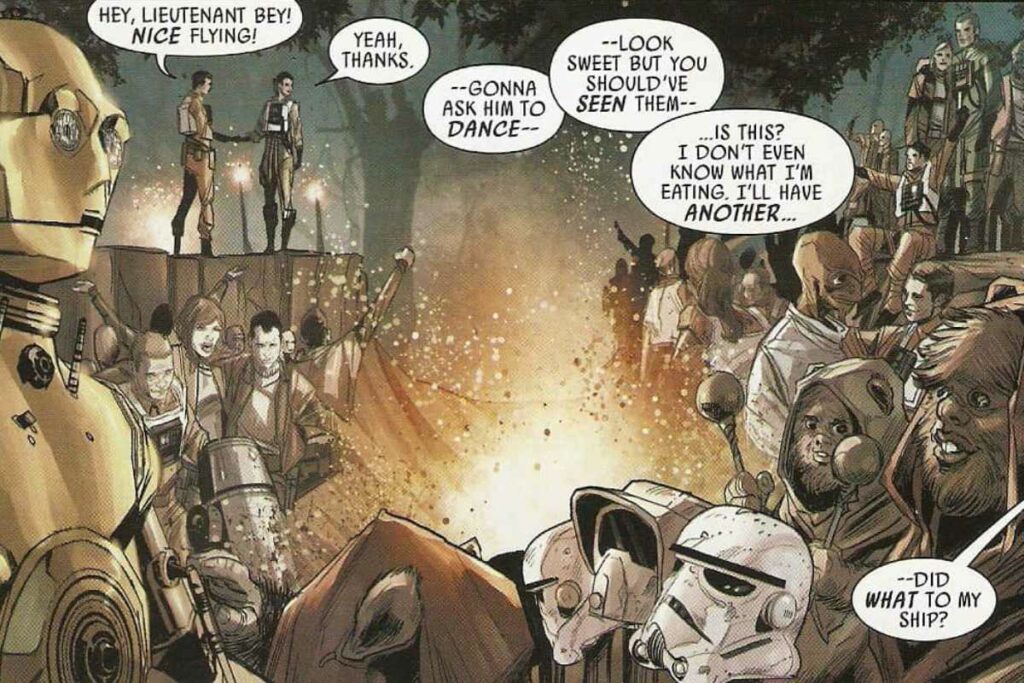 A panel from the comic Shattered Empire 1 that implies the Ewoks cooked and ate stormtroopers during the victory celebration following the destruction of the Death Star II. (Disney / Lucasfilm / Marvel Comics)