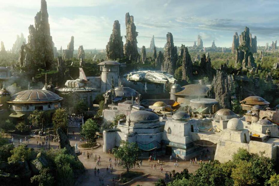 An artistic rendering of Black Spire Outpost featuring several of the best things to do at Star Wars: Galaxy’s Edge: Smuggler’s Run, Oga’s Cantina, the Marketplace, Savi’s, and more. (Disney Lucasfilm)