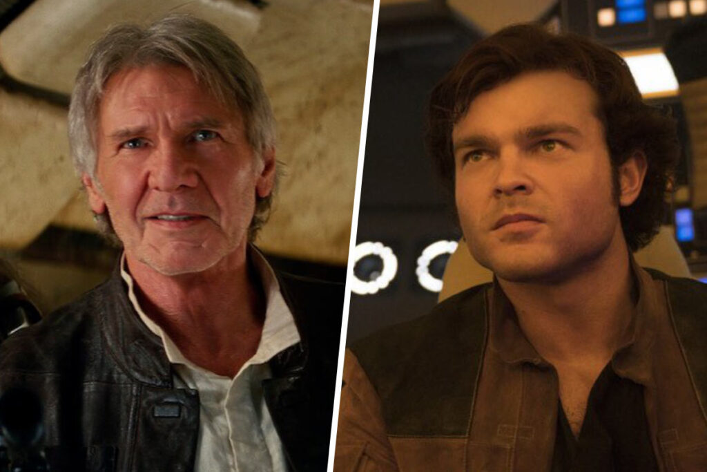 Star Wars Recasts Explained: Harrison Ford as Han Solo in 2015's The Force Awakens and Alden Ehrenreich in 2018's Solo: A Star Wars Story (Disney / Lucasfilm)