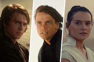 Anakin Skywalker in Revenge of the Sith, Luke Skywalker in Return of the Jedi, and Rey in The Rise of Skywalker, the final films of each of the three Star Wars trilogies. (Disney / Lucasfilm)