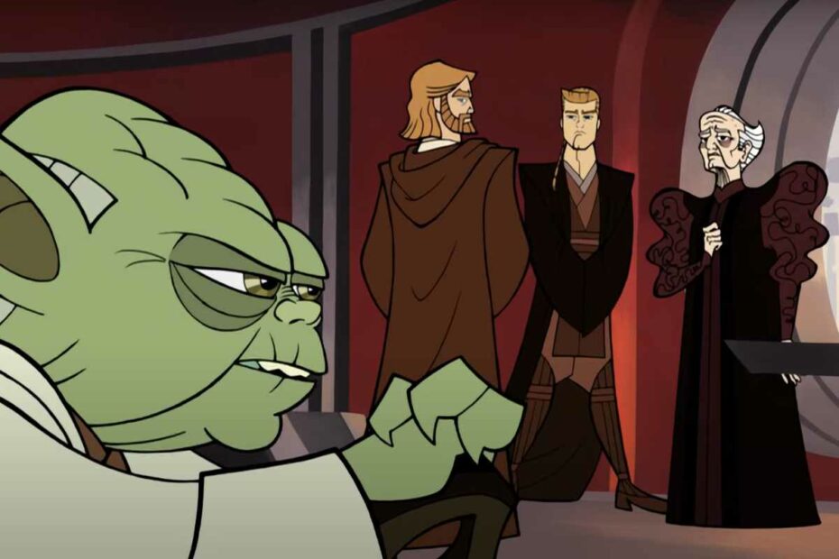 Yoda, Obi-Wan Kenobi, and Anakin Skywalker meet with Chancellor Palpatine in "Chapter One" of Clone Wars 2003. (Disney / Lucasfilm)