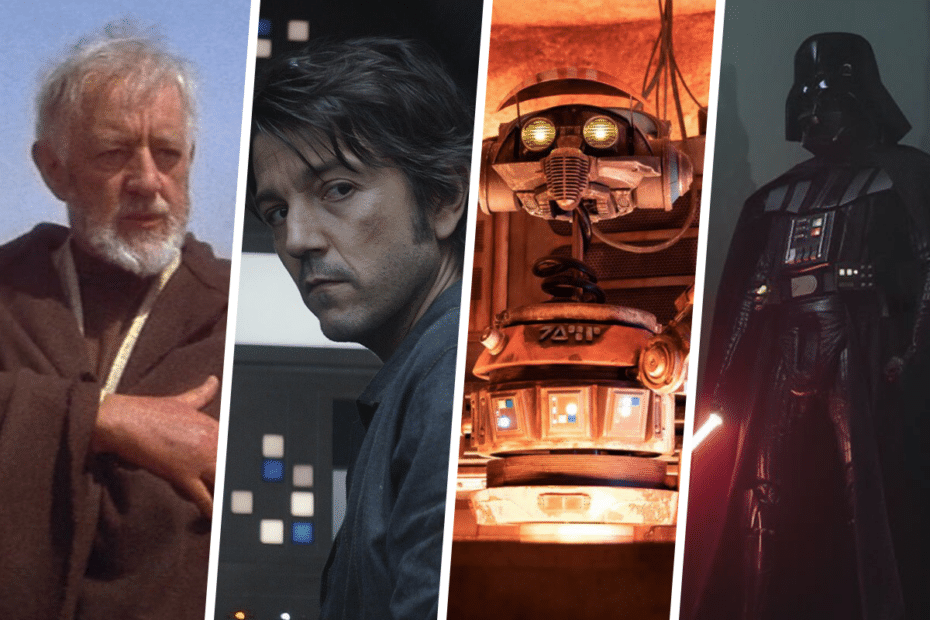 Sir Alec Guinness as Obi-Wan Kenobi from Star Wars: A New Hope, Diego Luna as Cassian Andor from the Andor series, DJ-R3X the repurposed pilot droid who DJs at Oga's Cantina in Star Wars: Galaxy's Edge, and Hayden Christensen as Darth Vader in the Obi-Wan Kenobi series.