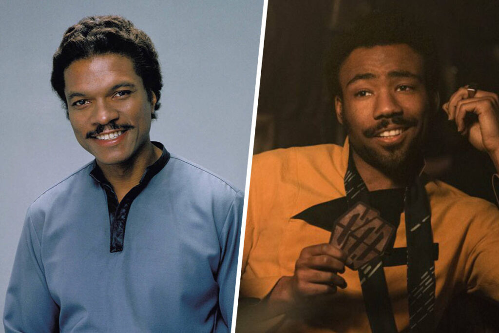 Star Wars Recasts Explained: Billy Dee Williams in a promo photo for 1980's The Empire Strikes Back and Donald Glover in 2018's Solo: A Star Wars Story (Disney / Lucasfilm)
