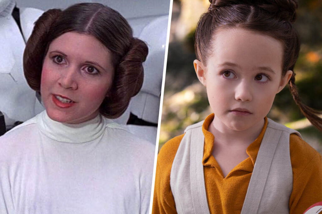 Star Wars Recasts Explained: Carrie Fisher as Leia Organa in 1977's A New Hope and Vivien Lyra Blair playing young Leia in 2022's Obi-Wan Kenobi (Disney / Lucasfilm)