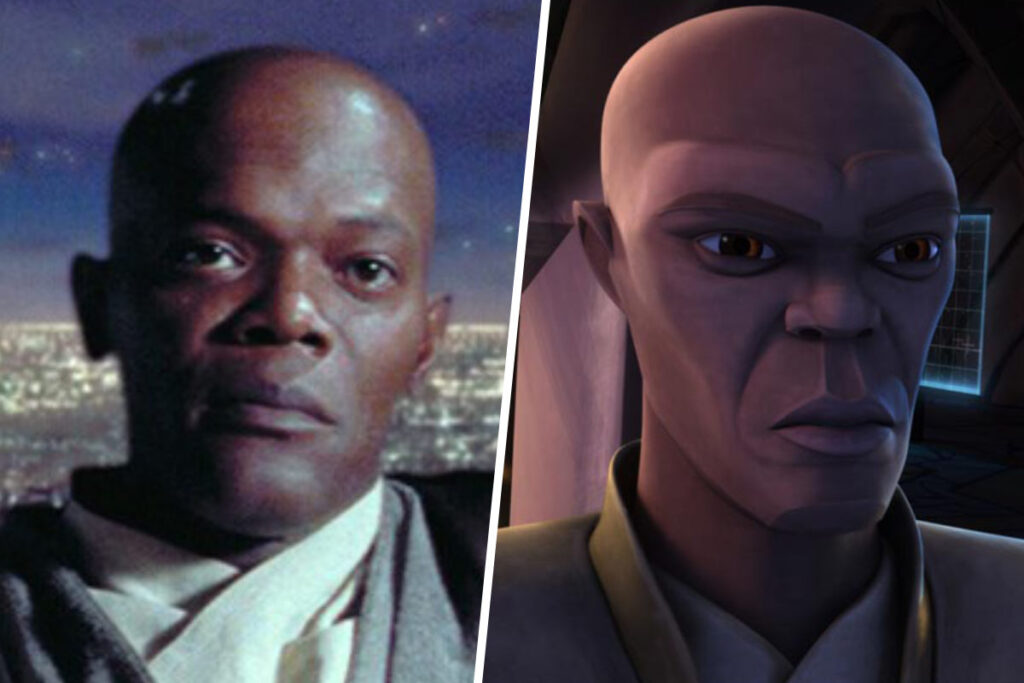 Star Wars Recasts Explained: Samuel L. Jackson as Mace Windu in 1999's The Phantom Menace and Terrence Carson voicing the character in 2008's The Clone Wars (Disney / Lucasfilm)