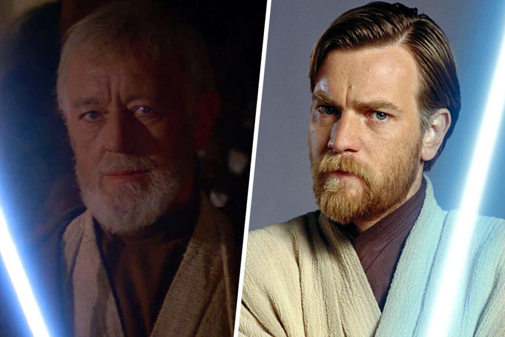 Star Wars Recasts Explained: Sir Alec Guinness as Obi-Wan Kenobi in 1977's A New Hope and Ewan McGregor in a promo photo for 2005's Revenge of the Sith (Disney / Lucasfilm)