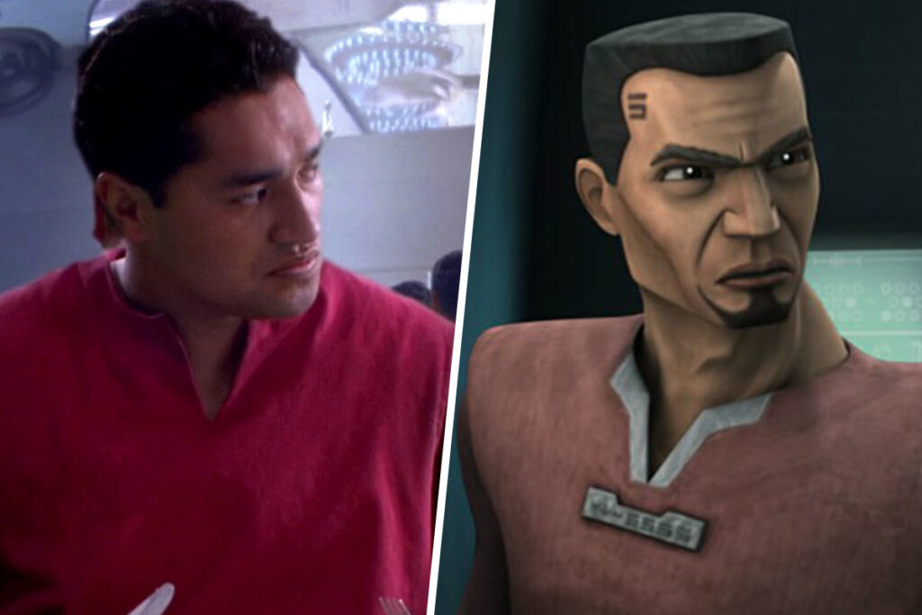 Star Wars Recasts Explained: Temuera Morrison portraying a clone in 2002's Attack of the Clones and the clone Fives, voiced by Dee Bradley Baker, in 2008's The Clone Wars (Disney / Lucasfilm)