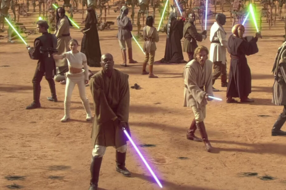 A screenshot from the climactic battle on Geonosis in 2002's Attack of the Clones.