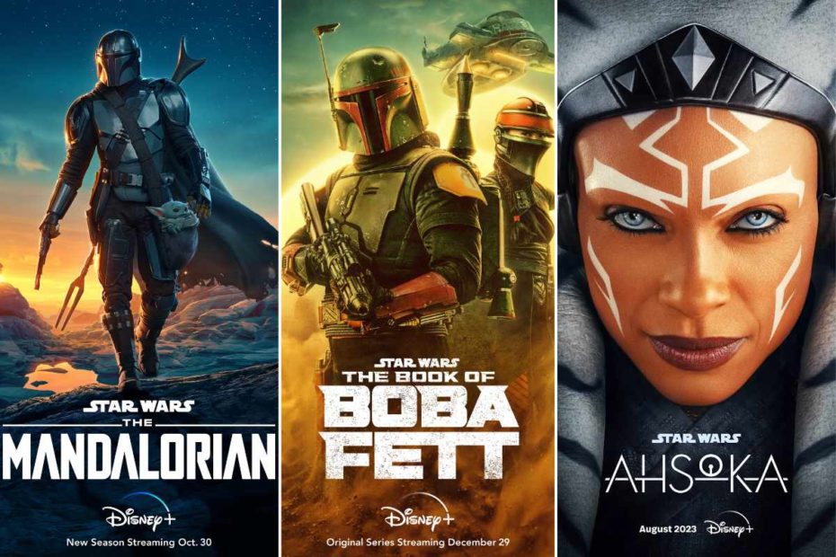 Key art posts for the the first three series in the Mandoverse: The Mandalorian, The Book of Boba Fett, and Ahsoka. (Disney / Lucasfilm)