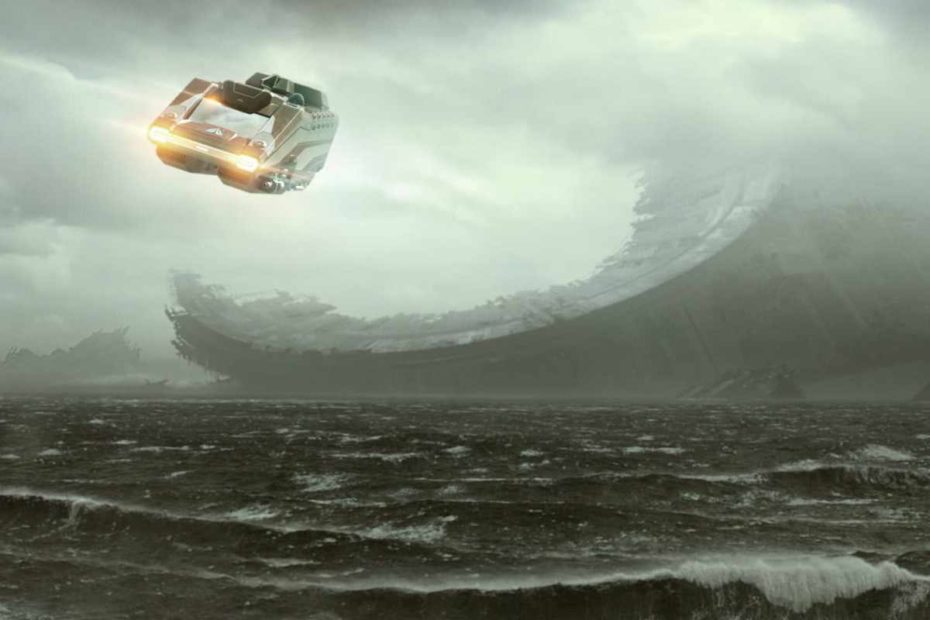 In a promotional photo for the Star Tours The Rise of Skywalker update, a StarSpeeder 1000 flies over the ocean moon of Kef Bir with a destroyed piece of the second Death Star in the background. (Disney / Lucasfilm)
