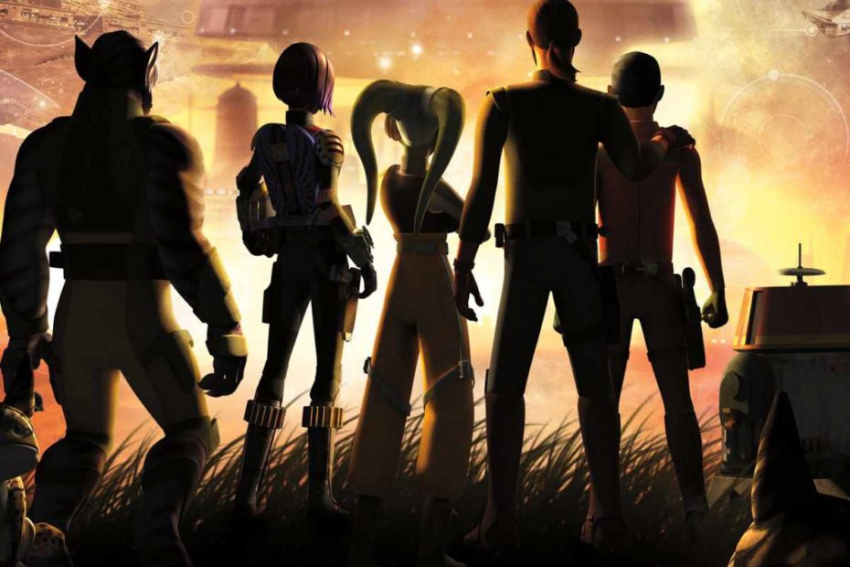 A promotional image from Season 4 of Star Wars: Rebels shows the silhouette of the entire Ghost crew on Lothal. (Disney / Lucasfilm)