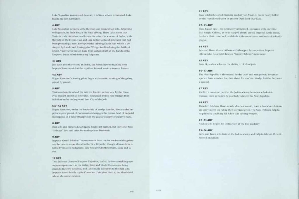 More excerpts from the 1998 reference book Star Wars Encyclopedia by Stephen J. Sansweet that use BBY and ABY to date events within the Star Wars Universe (Disney / Lucasfilm)