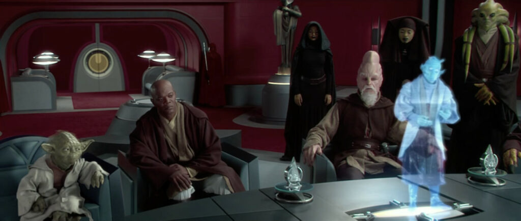 Jedi Padawan Barriss Offee in the background with the Jedi Council meeting with Chancellor Palpatine in Attack of the Clones (Disney / Lucasfilm)