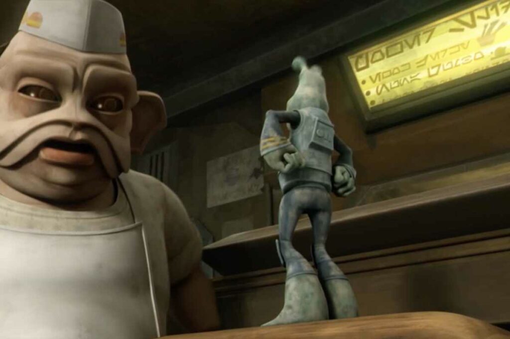 A scene from The Clone Wars episode "Missing in Action" which lists ewok jerky on the menu. This clearly indicates that at least some beings ate Ewoks. (Disney / Lucasfilm)