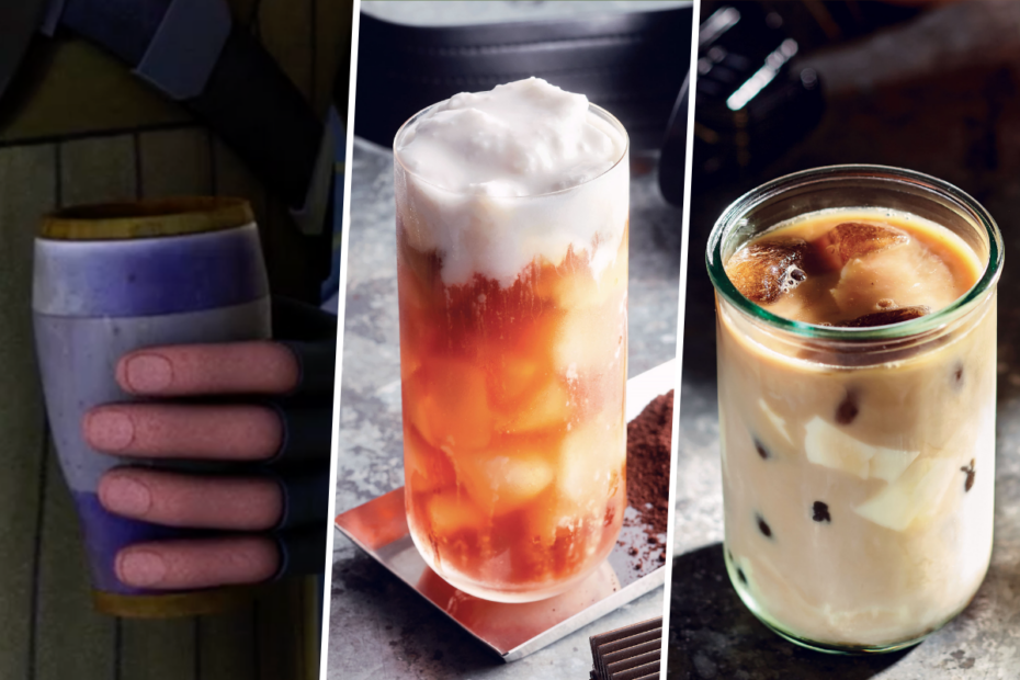 Three examples of coffee in Star Wars: Spiran caf from the Rebels episode “Out of Darkness” and Thuris Caf and Hyperspace Brew from the Star Wars: The Ultimate Cookbook by Jenn Fujikawa and Marc Sumerak. (Disney / Lucasfilm / Insight Editions)