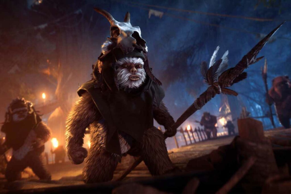 An Ewok, looking vicious and ready to attack any stormtrooper it finds from the Star Wars: Battlefront II game update Night on Endor. (Disney / Lucasfilm / DICE / Electronic Arts)