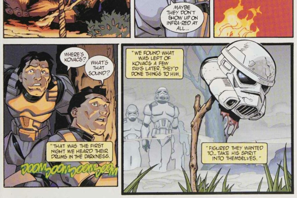 A series of panels from the short story "Apocalypse Endor" in Star Wars Tales 14 that heavily implies that Ewoks eat stormtroopers. (Disney / Lucasfilm / Dark Horse Comics)