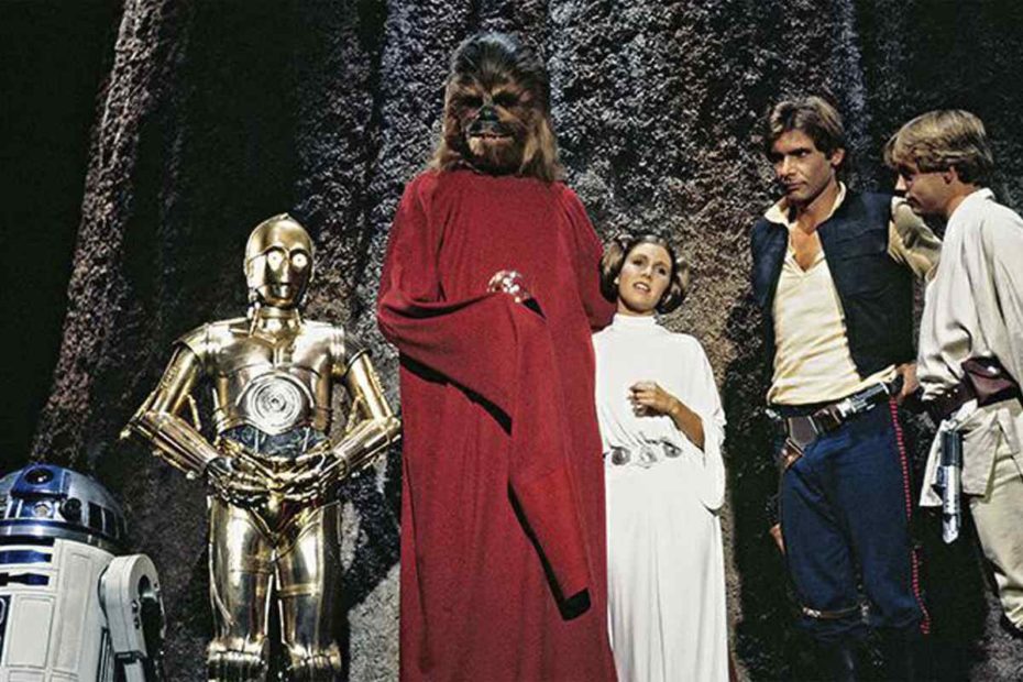 A production still from the 1978 Star Wars Holiday Special featuring Anthony Daniels, Peter Mayhew, Carrie Fisher, Harrison Ford, and Mark Hamill (Disney / Lucasfilm)