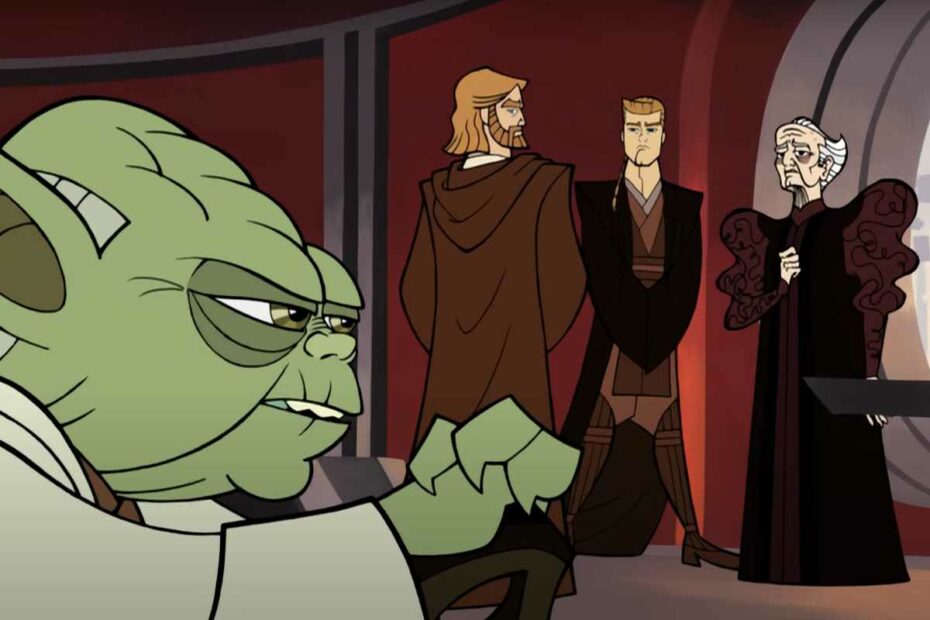 Yoda, Obi-Wan Kenobi, and Anakin Skywalker meet with Chancellor Palpatine in "Chapter One" of Clone Wars 2003.