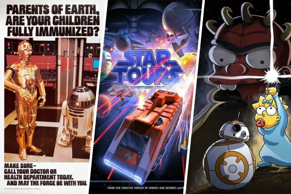 The 1979 Star Wars immunization PSA poster, the Star Tours: The Adventure Continues poster, and the Maggie Simpson in "The Force Awakens From Its Nap" poster, all examples of times Earth is in Star Wars (Disney / Lucasfilm)