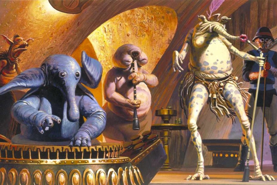Concept art for the band at Jabba’s Palace in Return of the Jedi by Ralph McQuarrie. The Max Rebo band is Max Rebo, Droopy McCool, and Sy Snootles with Salacious B. Crumb and Lando Calrissian to the left and right of the band. (Disney / Lucasfilm)