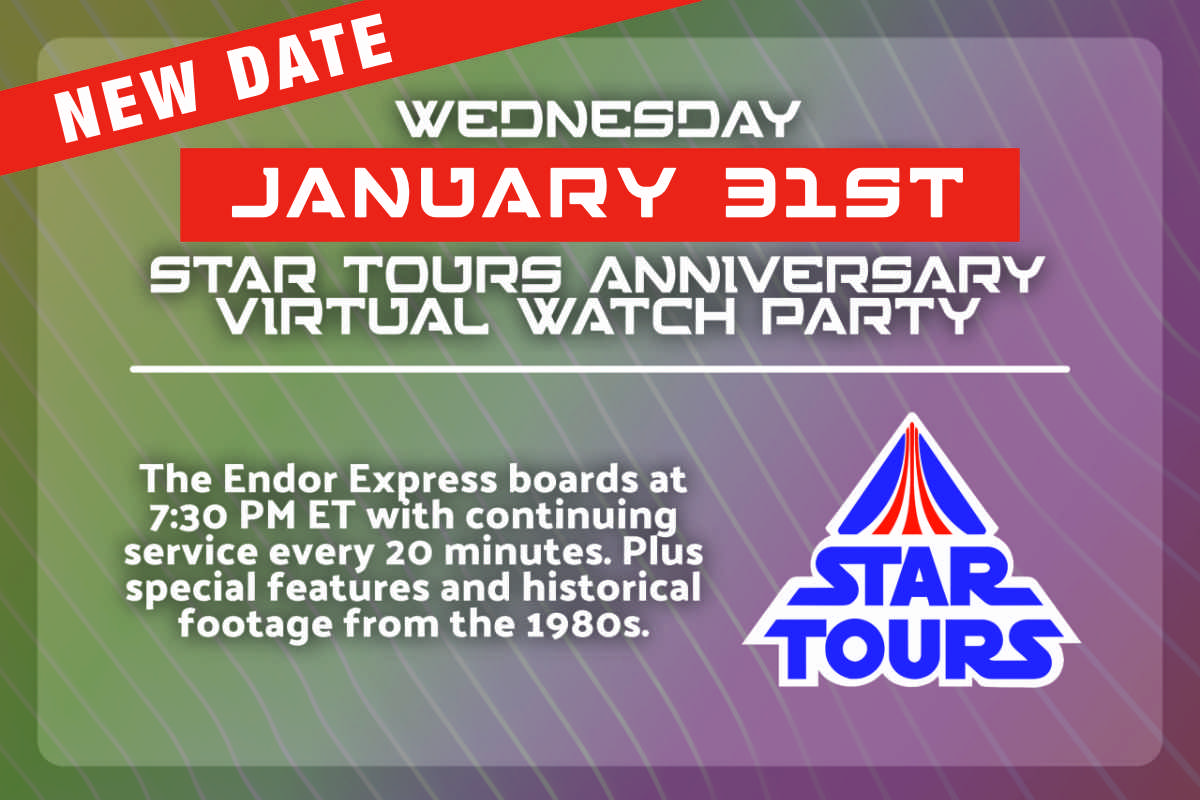 Announcement for the Star Tours Anniversary virtual watch party on January 21, 2024. (Star Tours logo: Disney / Lucasfilm)
