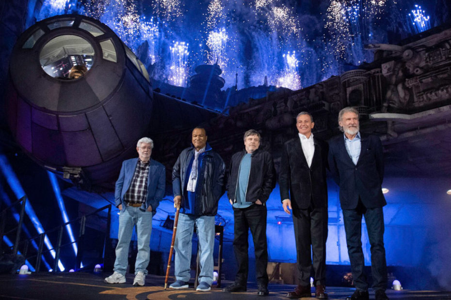 Star Wars creator George Lucas and actors Billy Dee Williams, Mark Hamill, and Harrison Ford with Walt Disney Company Chairman and CEO Bob Iger at the dedication ceremony for Star Wars: Galaxy's Edge at Disneyland Park on May 29, 2019 in Anaheim, California. (Disney / Lucasfilm)