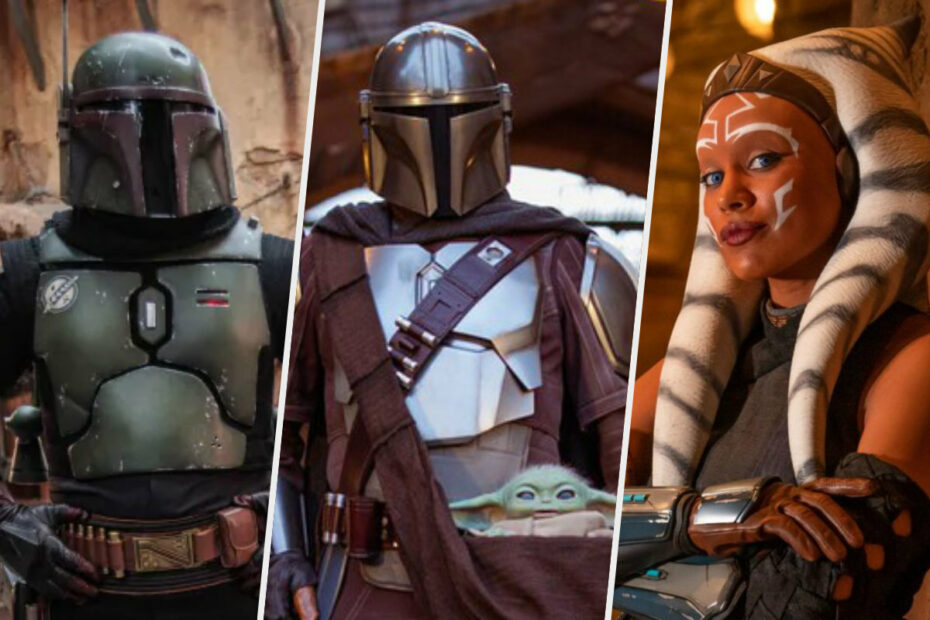 Boba Fett, The Mandalorian and Grogu, and Ahsoka Tano as they appear at Star Wars: Galaxy’s Edge in the Disney Parks.