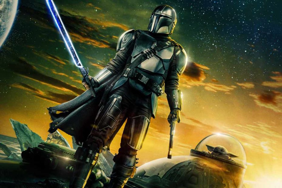 The poster for The Mandalorian Season Three, featuring Din Djarin holding the Darksaber and his blaster with Grogu inside the N-1 Starfighter.